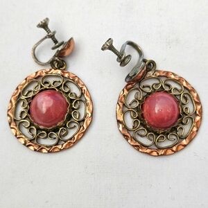 Mexico Handmade Vintage Gold and Pink Dangle Screw in  Earrings